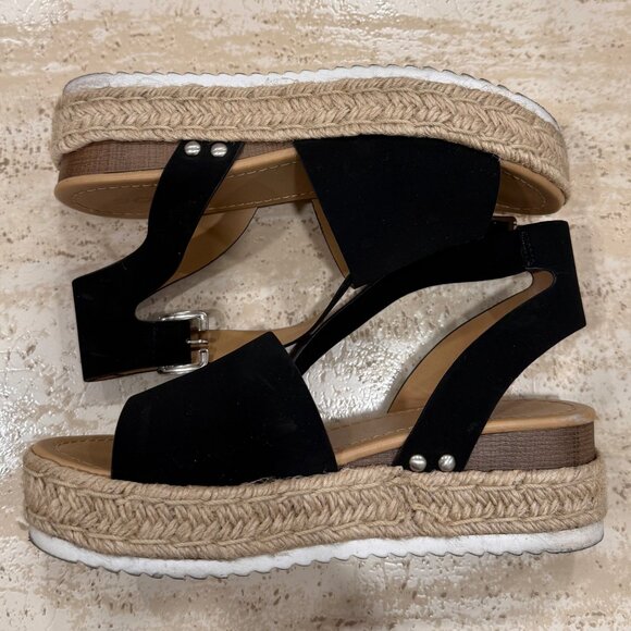 Black Suede Espadrille Wedges with Ankle Tie - Picture 1 of 2